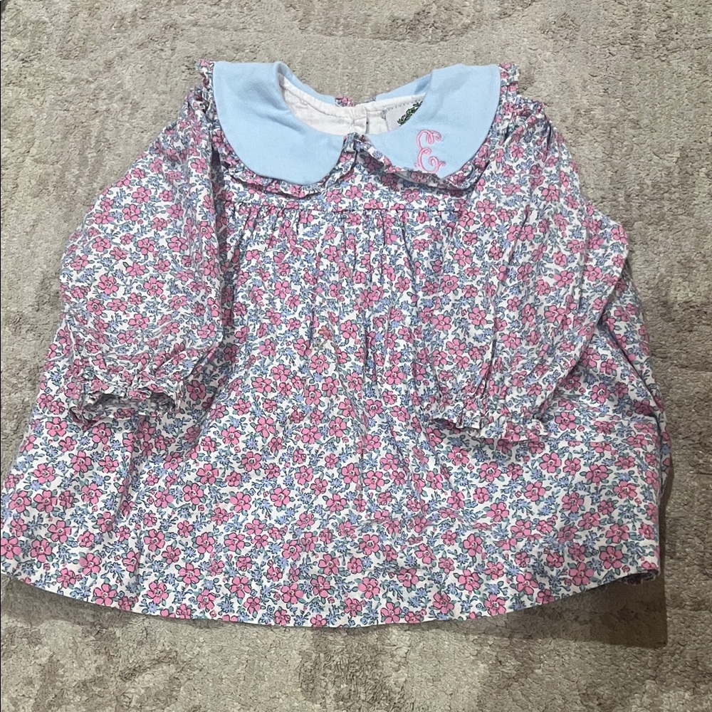 Floral Long-Sleeve Baby Top with Light Blue Peter Pan Collar - Pink & Light Blue